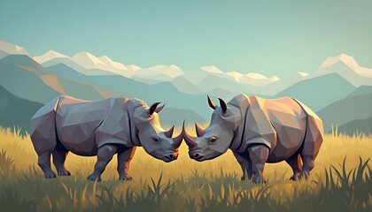 Rhinoceroses in a vibrant landscape at dusk, showcasing their striking features and natural habitat with mountains in the background Generative AI