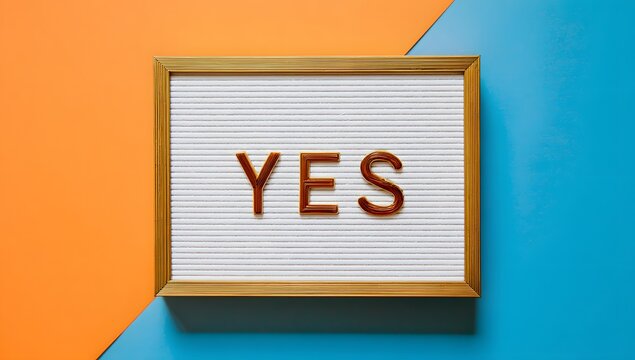 YES text on framed message board over split blue and orange background