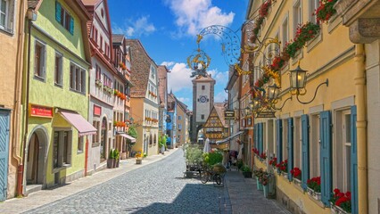 Fototapeta premium Charming street view in Rothenburg with medieval gate