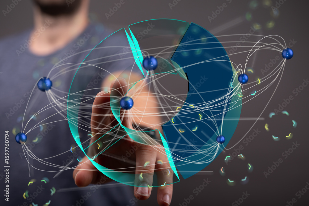 Poster abstract image of interconnected nodes, representing global networks and data flow. ideal for tech, 