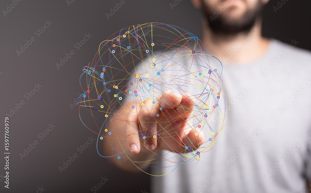 Poster abstract image of a person interacting with a digital network, representing global connectivity and 