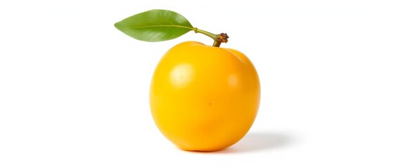 Single ripe yellow-gold Mirabelle plum, smooth skin, isolated on white,  gastronomy,  botany