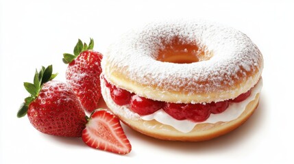 Chocolate glazed donut with colorful sprinkles floating on white background, no shadows, isolated cut-out