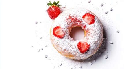 Chocolate glazed donut with colorful sprinkles floating on white background, no shadows, isolated cut-out
