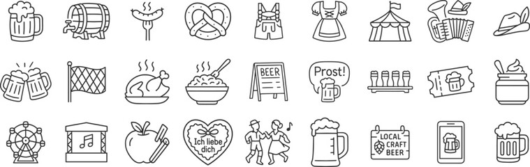Oktoberfest celebration icons including beer mugs, traditional food, Bavarian clothing, music and fairground elements, pretzels, sausages, dirndl dresses outline vector illustration set.