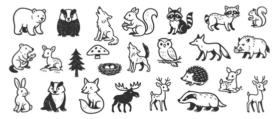 Forest animals doodle icon set. Cute hand drawn sketch illustrations of fox, deer, squirrel, bear, rabbit, raccoon, owl. Black and white cartoon art for woodland nature collection.