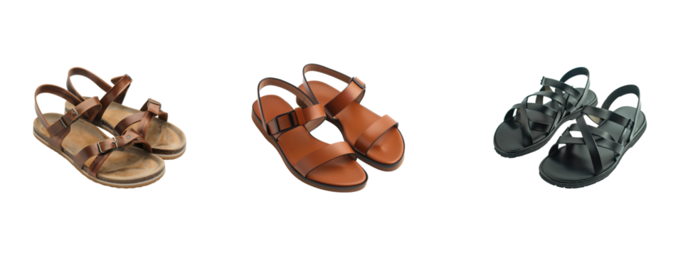 Three pairs of sandals with transparent background
