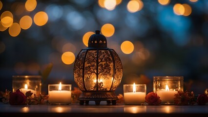Elegant lantern casting a warm glow among candles and flowers during a cozy evening gathering near an outdoor setting Generative AI