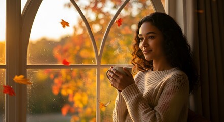 Fototapeta premium A woman with curly hair gazes out the window, holding a warm beverage, enjoying the autumn sunset.