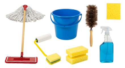 Essential Cleaning Supplies: Mop, Bucket, Sponges, and Spray for Efficient Home Cleanliness