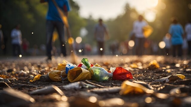 Community cleanup event near a park at sunset showcasing volunteers collecting litter and promoting environmental awareness Generative AI
