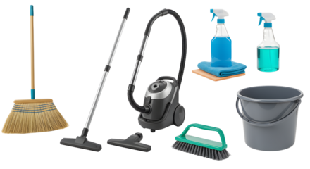 Clean Home Cleaning Supplies Including Broom, Mop, Vacuum, Spray Bottles, and Bucket