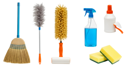 Essential Cleaning Tools: Broom, Duster, Spray Bottle, and Sponges for Home Maintenance