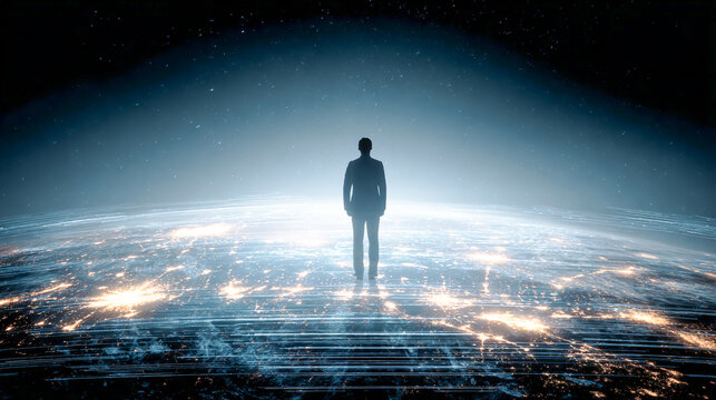 A silhouette of an individual standing in front of the Earth, with lights glowing on it and digital data flowing across its surface, symbolizing global connectivity