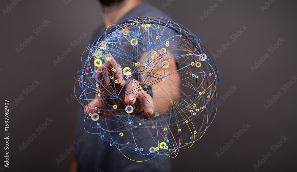 Poster abstract image of a hand interacting with a digital sphere representing global network connections.