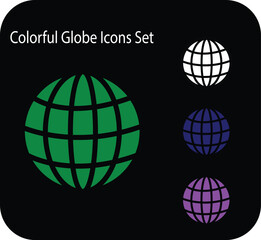 A set of colorful globe vector icons representing global connectivity, internet access, and international networks. Includes variations in green, white, blue, and purple. Ideal for UI/UX design.