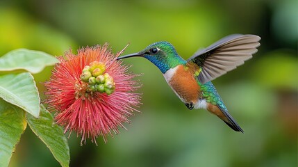 Hummingbird hovering in midair, drinking nectar from a vibrant red flower against a blurred green background 