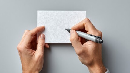 Close up of hands holding a blank white card and a pen, starting to write on the empty surface, with a gray background providing a neutral backdrop