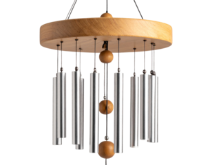 Hanging indoor wind chime with wooden and metal elements, isolated on a transparent background