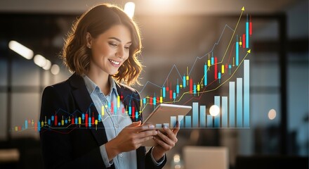 Smiling businesswoman analyzing upward trending financial stock market data on a tablet in a modern office setting