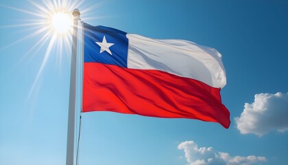 Waving Chilean flag under a bright sun in a clear blue sky with fluffy clouds showcasing the national pride of Chile during the day Generative AI
