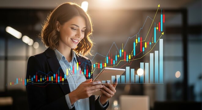 Smiling businesswoman analyzing upward trending financial stock market data on a tablet in a modern office setting