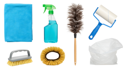 Cleaning Supplies Flat Lay with Cloth, Spray Bottle, Brush, Duster, Scraper, Gloves, and Garbage Bag
