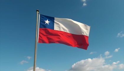 Naklejka premium Chilean flag waving against a clear blue sky with soft clouds in the background during a sunny day, symbolizing national pride and cultural identity Generative AI