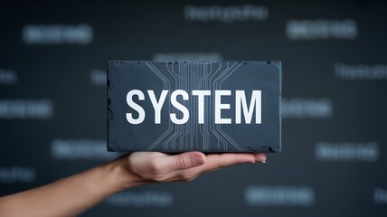 A hand holding a block with the word 'SYSTEM' and circuit patterns, a conceptual image representing technological infrastructure, data management, and operational network integration.