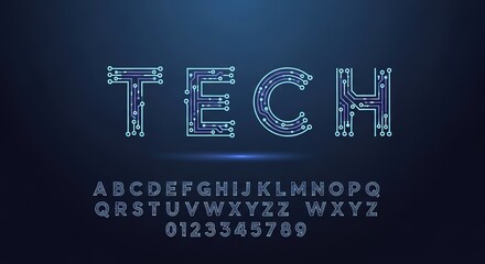 Futuristic circuit board font design with the word tech and full alphabet and numbers