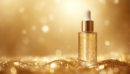 Luxury gold beauty serum in glass bottle with dropper. Glistening liquid with particles on sparkling gold backdrop. Skincare product, cosmetic oil for radiant youthful glow. Elegant formulation.