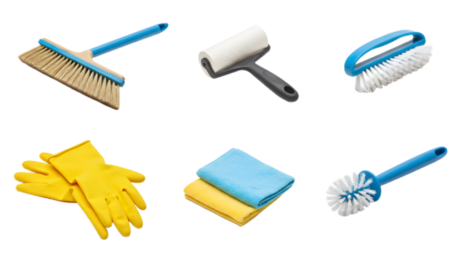 Cleaning Supplies including Brush, Scraper, Mop, Gloves, and Sponges for Housekeeping and Janitorial Tasks