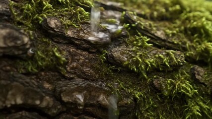 Intimate Raindrops on Mossy Tree Bark, Green and Serene with Shallow Depth - Powered by Adobe