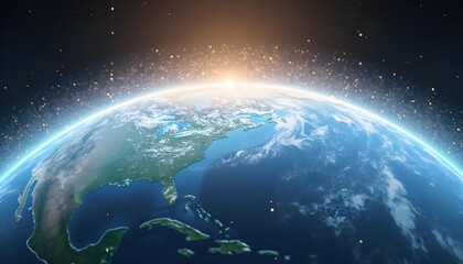 Fototapeta premium Earth viewed from space during sunrise over the Atlantic Ocean showcasing vibrant colors and scattered stars Generative AI