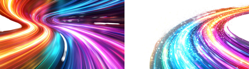 A Colorful Motion Background of City Light Trails. Luminous green neon waves . Colored shiny sparks of spiral wave