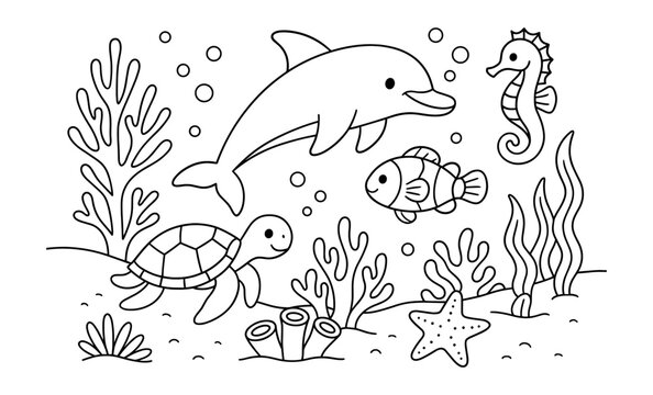 Playful marine life in a simple outline underwater scene