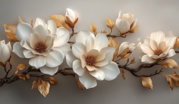 3D elegant floral render featuring white magnolia blossoms with golden leaves on branch against soft grey background for luxury wall art and interior decor - Powered by Adobe