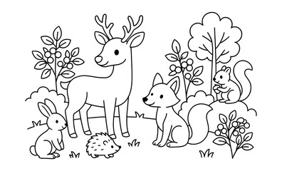 Cute woodland animals in outline style for kids coloring books and educational material