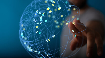 Hand interacting with a digital network, representing global connectivity and data flow.