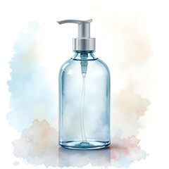 Clear glass pump bottle with blue liquid against a soft watercolor background