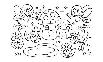 Obraz premium Enchanting fairyland with mushrooms and flowers in black and white for kids' coloring fun