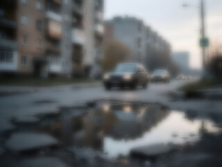 Blurry image of the condition of public roads in housing complexes that are damaged and potholed until there are puddles of water	