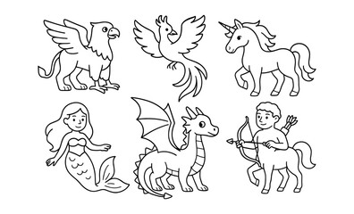 Magical creatures outline set: griffin, hippogriff, unicorn, phoenix, merfolk, centaur, dragon