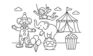 Circus fun in simple outline: clown, acrobat, elephant, tent, and snacks