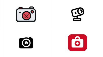 A set of four vector icons depicting camera functions camera disabled, security camera, camera locked, and camera in a red square.  These icons are simple, flat, and suitable for various applications