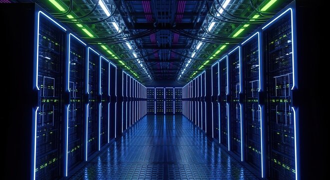 Futuristic neon corridor with blue and green lights reflecting on a glossy floor - Powered by Adobe
