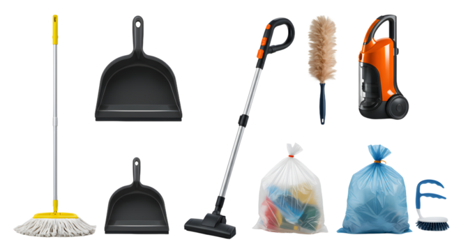 Variety of Household Cleaning Tools and Supplies for Effective Cleaning