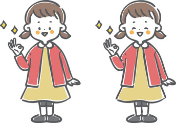 OKサインをする女児　全身　ベクター
