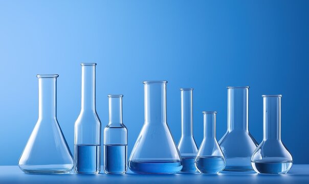 Scientific laboratory glassware collection featuring various sized beakers and flasks filled with clear liquid, perfect for science, research, education, technology and innovation concepts