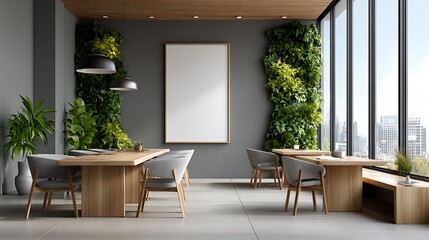 Modern restaurant interior with vertical gardens and large windows